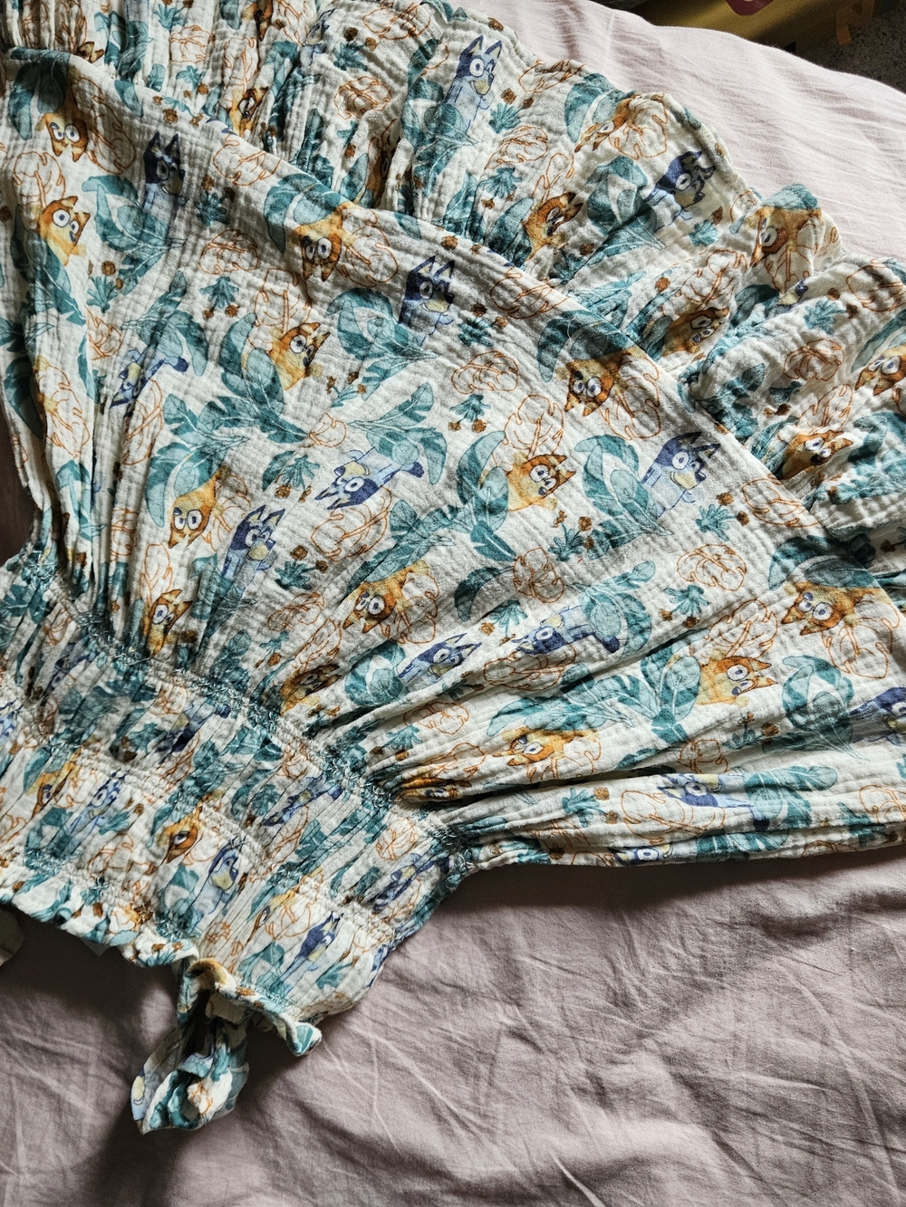 Girls' Smocked Casual Dress in Teal & Cream BLUEY Print